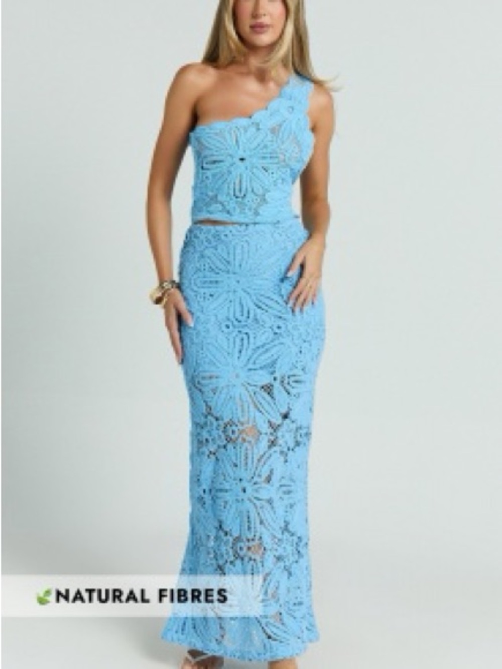 NWOT • Showpo • One-Shoulder Light Blue Crochet Matching Set